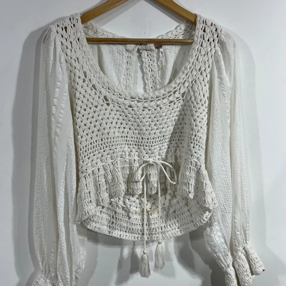 Free People Boho Festival Crochet Babydoll Open Knit Crop Top Medium Renfair